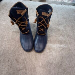 Sperry Saltwater Duck Boots Navy Blue Wool Blend Side Zip Waterproof STS85911